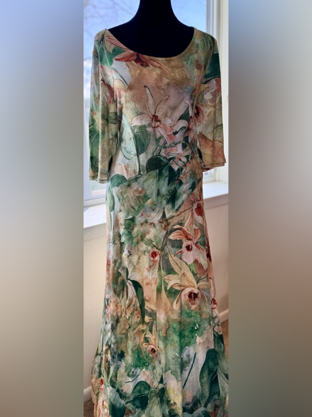 Soft Surroundings Vivienne green tropical lilies maxi dress lightweight Lrg EUC - Picture 4 of 10
